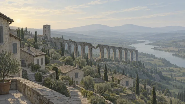 Concept plate of a terraced limestone hill town above a river valley, with a ruined aqueduct
