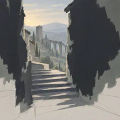 A story key frame of a shaded passage opening onto the valley