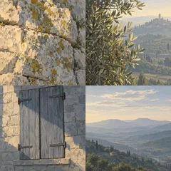 A moodboard of limestone, olive foliage, timber shutters and the mountain saddle