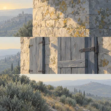 A painted study of limestone, timber and sage scrub in the plate's light